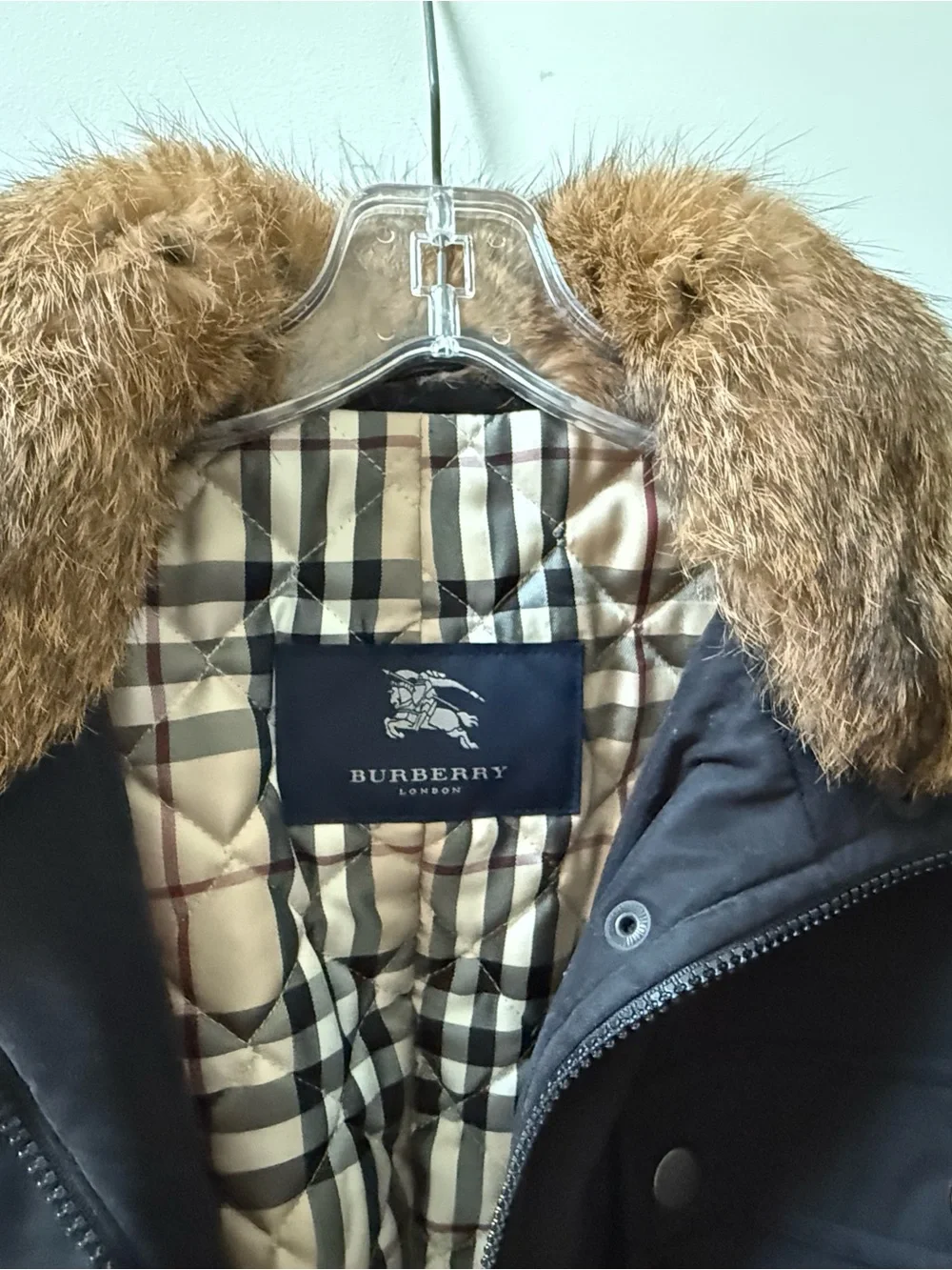 Burberry Black Trench Coat with Tan Fur Collar and Check Lining - Picture 3 of 10